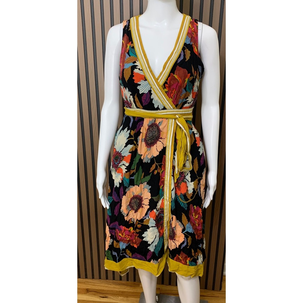 Maeve Anthropologie Floral Wrap Dress Black Yellow Striped Trim Size 0 V-Neck